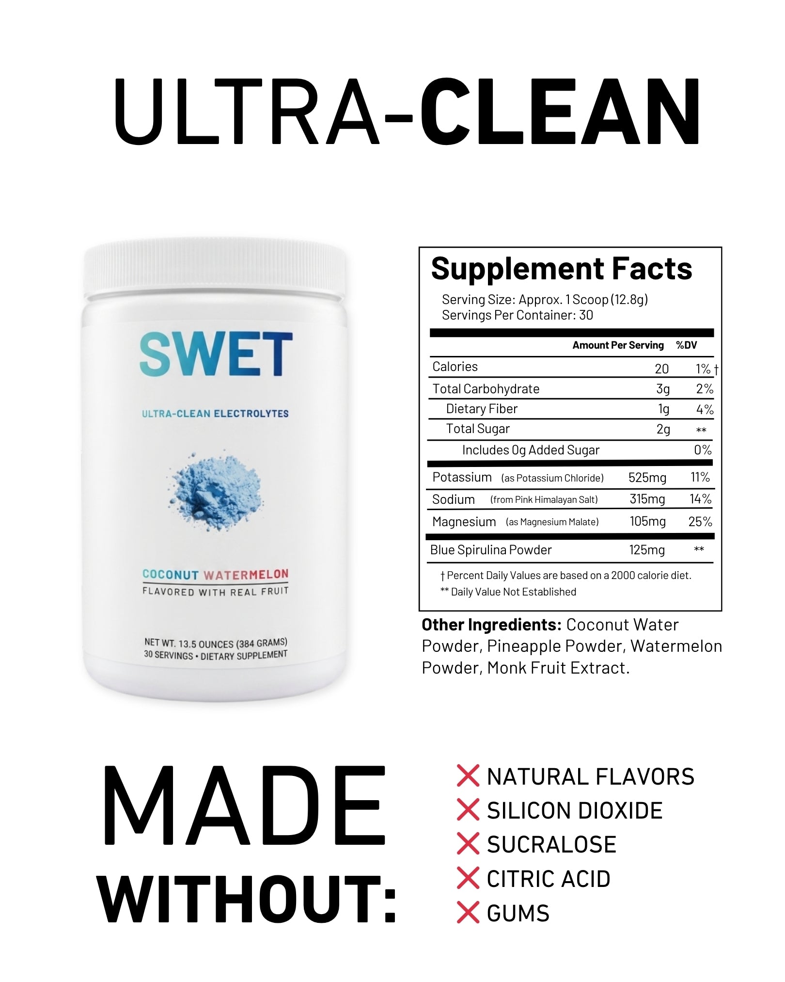 Supplement container labeled 'SWET' with supplement facts and ingredients list on a white background.