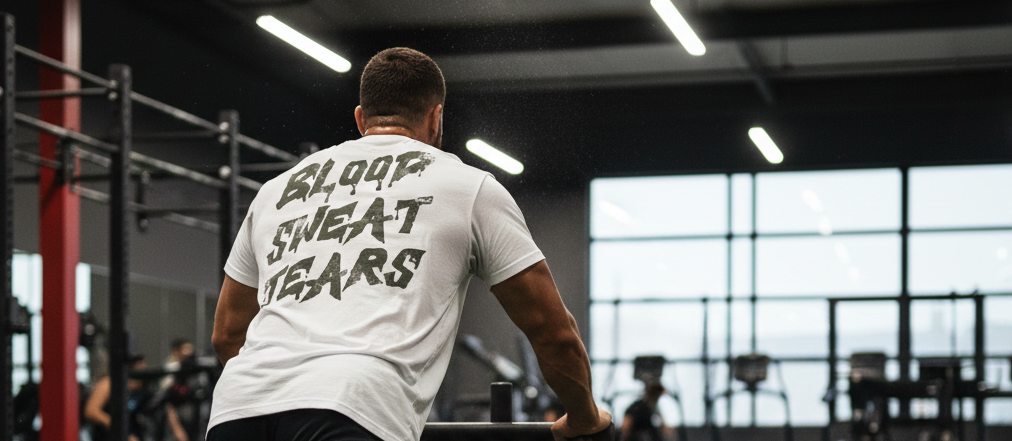 Person wearing a white t-shirt with 'Blood Sweat Tears' text in a gym setting