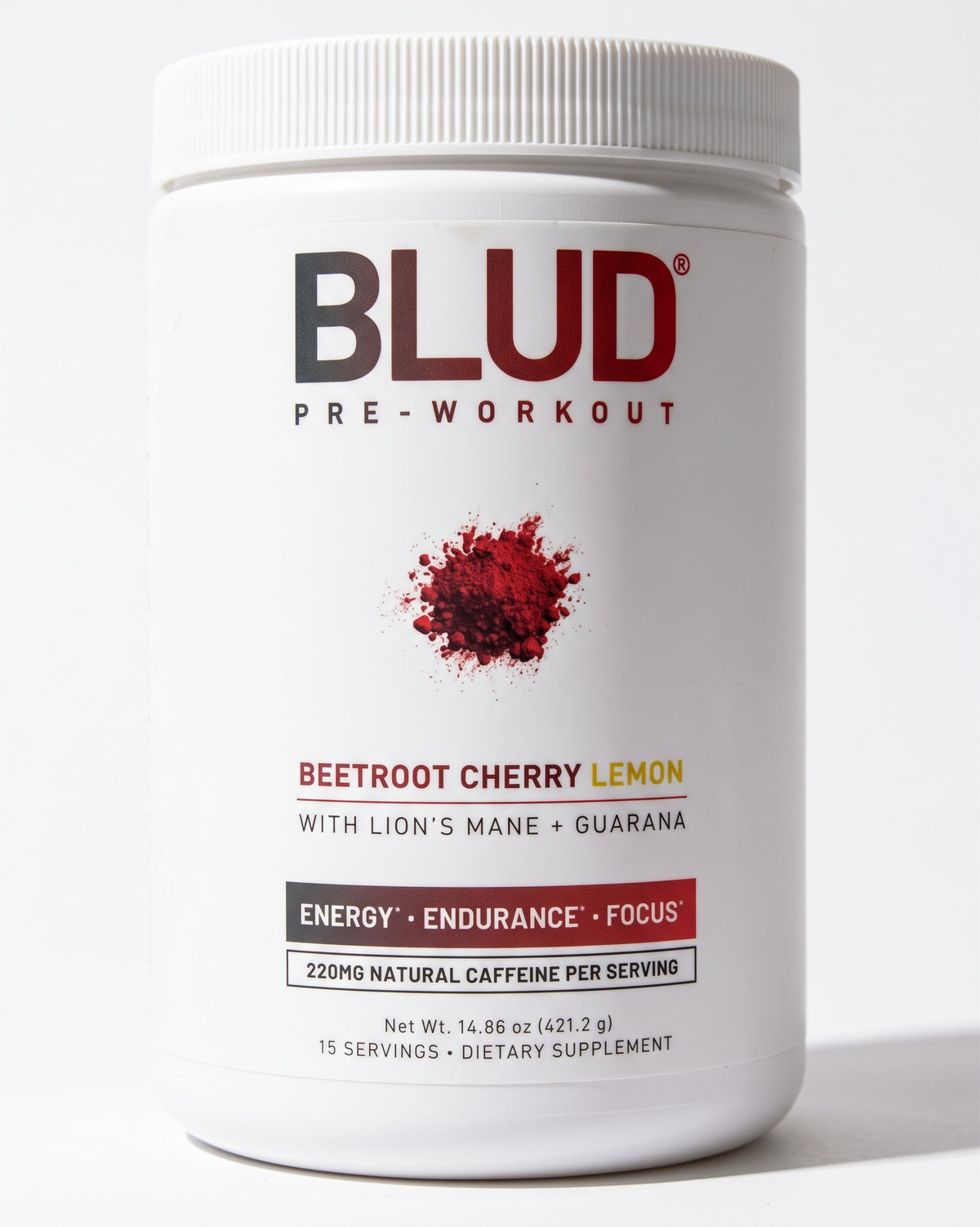BLUD Pre-Workout supplement tub in Beetroot Cherry Lemon flavor, featuring a white container with a ribbed white lid and a label with red and black text on a clean white background.