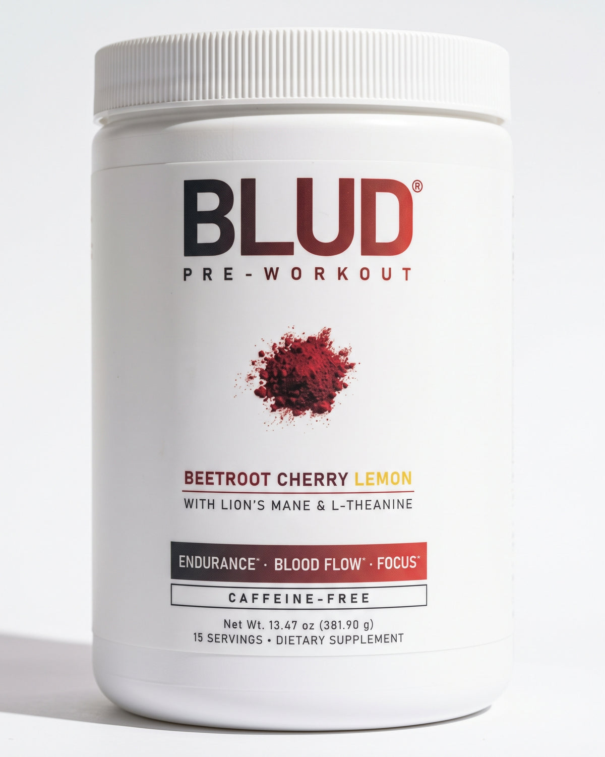 BLUD Pre-Workout caffeine-free supplement tub in Beetroot Cherry Lemon flavor, featuring a white plastic container with a ribbed cap and a label with red and black text.